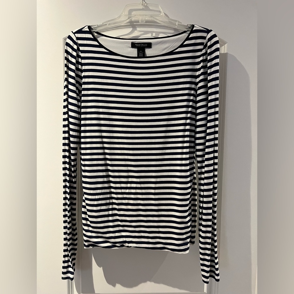 WHBM Long Sleeve Navy Blue and White Stripe Top With Slits on Side - Size Medium